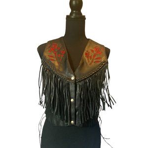 Vintage INTERSTATE Women's Black Leather Biker Vest with Fringe.